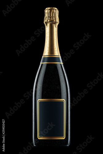 Closed champagne bottle with golden foil and sparkling wine inside no label on dark backdrop with clipping path