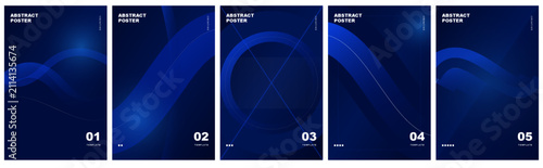 Set of five modern abstract blue poster templates with gradients dynamic geometric, displays collection five, background