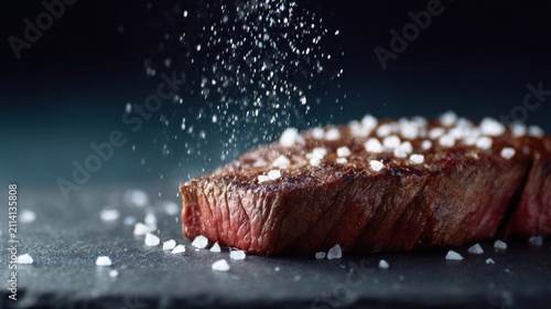 Grilled beef steak with falling sea salt on slate culinary arts food preparation