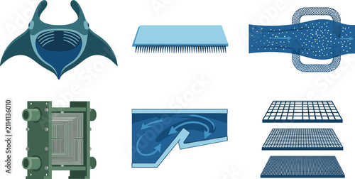 Obraz na plátne Vector Illustration Set of Biomimicry Filtration Diagrams Featuring Manta Ray Gi