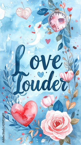 love louder typography, Dreamy Watercolor Love Illustration with Typography Elements