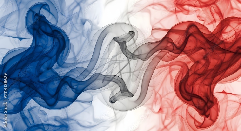 Fototapeta premium Elegant Red White and Blue Smoke Swirls Intertwining in a Sophisticated Abstract Composition.