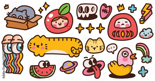Cute Pop Art Kawaii Surreal Monsters and Cat Characters Vector Illustration Bundle
