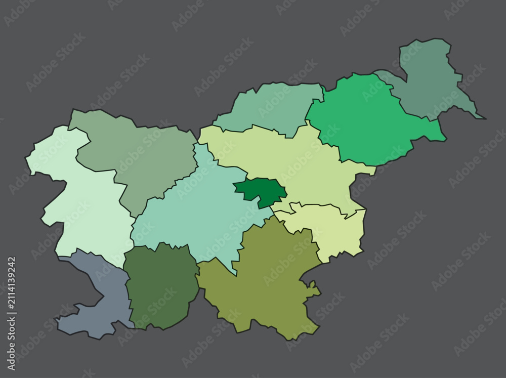 Fototapeta premium Slovenia administrative regions map in green shades