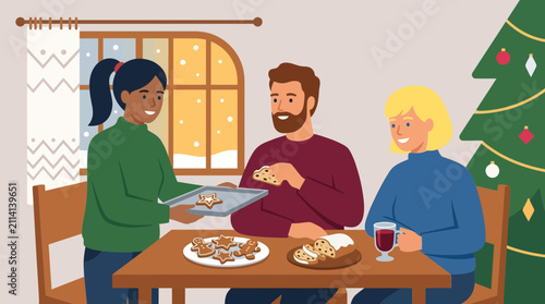 Cuadro en lienzo Friends Enjoying Christmas Cookies and Mulled Wine at Home