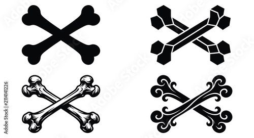 Crossed bones silhouettes in varying styles black and white graphic design skeleton