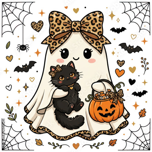 Adorable halloween ghost with leopard bow kitten and pumpkin bucket