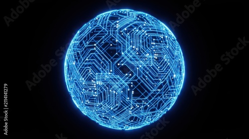 Glowing blue circuit sphere. Abstract digital globe with electronic motherboard patterns.