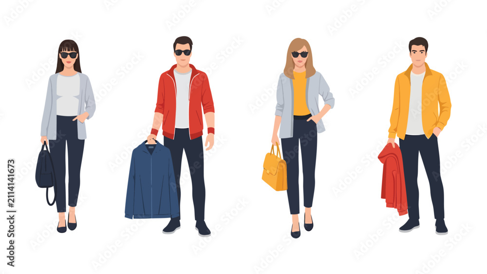 Fototapeta premium Set of four stylish young people in casual clothes with accessories, standing in full length on a white background.