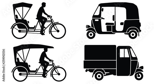 Foto Black Silhouette Of Rickshaws And Three Wheeled Vehicles On White Background aut