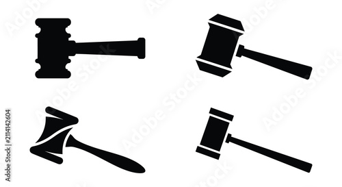 Black silhouette of four gavels against a white background legal justice symbols