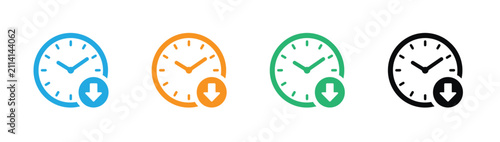 Obraz na płótnie Clock downward arrow with vector icon set for time reduction, delay, quick turnaround, countdown, and time management