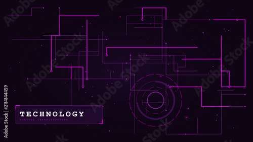 Abstract digital background with purple glowing circuit board lines and geometric interface elements on a dark backdrop.