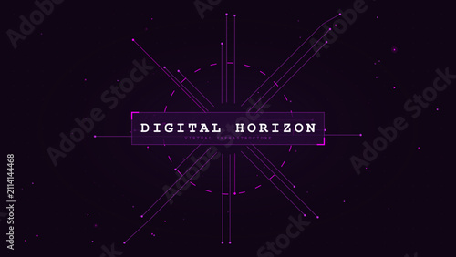 Abstract digital technology background with purple lines and glowing node points in a circular geometric arrangement