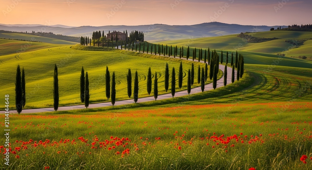Fototapeta premium Scenic Tuscan landscape with rolling hills and cypress trees. Vibrant countryside scene showcasing lush greenery and peaceful rural setting.