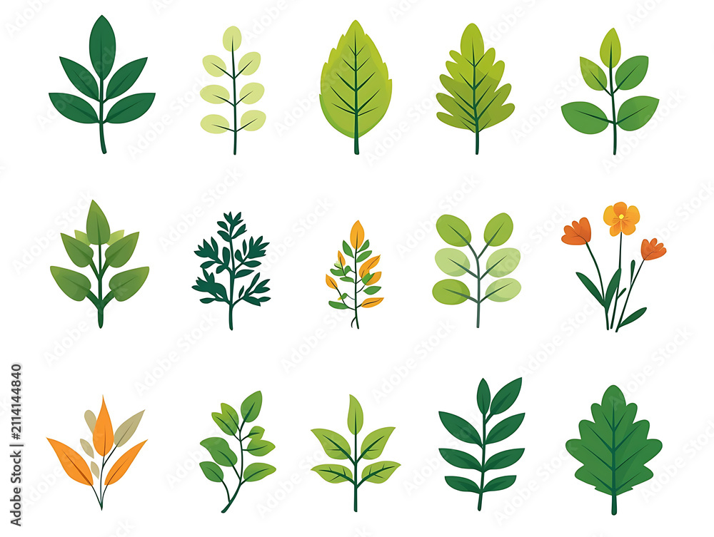 Fototapeta premium Minimal flat vector illustration featuring various leaves, trees, branches, grass, and botanical elements isolated on white background