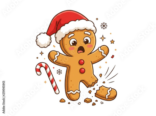 Sad gingerbread man cookie with broken leg and santa hat, gingerbread