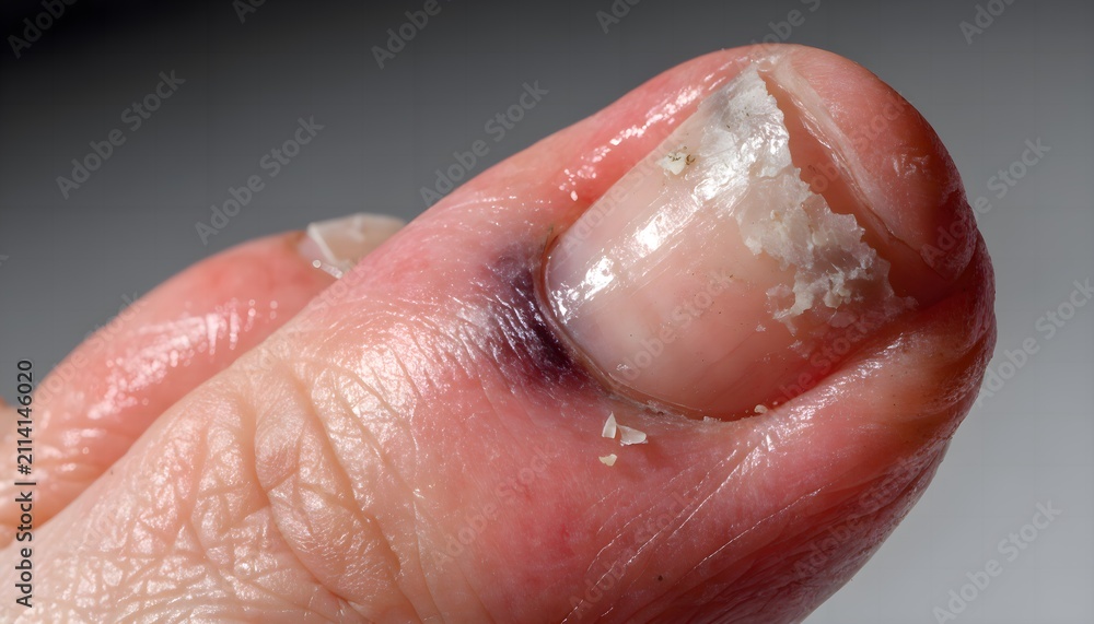 Fototapeta premium Crushed toe injury with discolored toenail and swollen digit in close-up macro clinical photography
