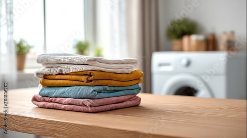 Neatly folded colorful towels on a wooden table.