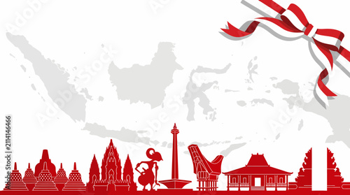 Indonesian independence day background with map silhouette and famous cultural landmarks in red and white colors.