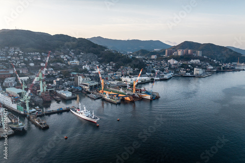 Bild auf Leinwand Aerial view of the Port along the harbour in Nagasaki city, Japan