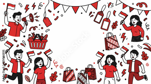 Indonesian Independence Day celebration doodle background with shopping and festive elements.
