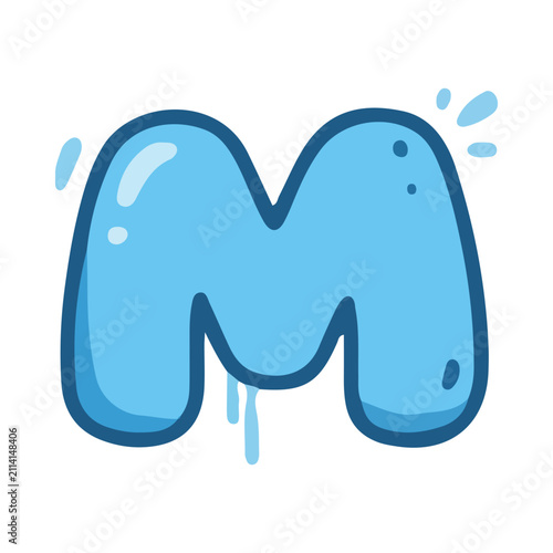 Blue Cartoon Bubble Letter M with Water Splash and Drips