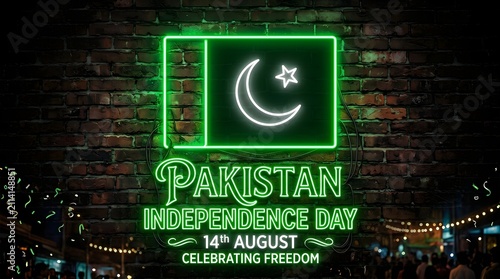 Bright green neon sign displaying the Pakistan flag with celebratory text for the fourteenth of August national independence day event