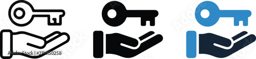 Key and hand icons in outline solid and color variations.