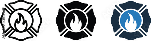 Fotografía Firefighter emblem icon set with flame outline solid and flat style