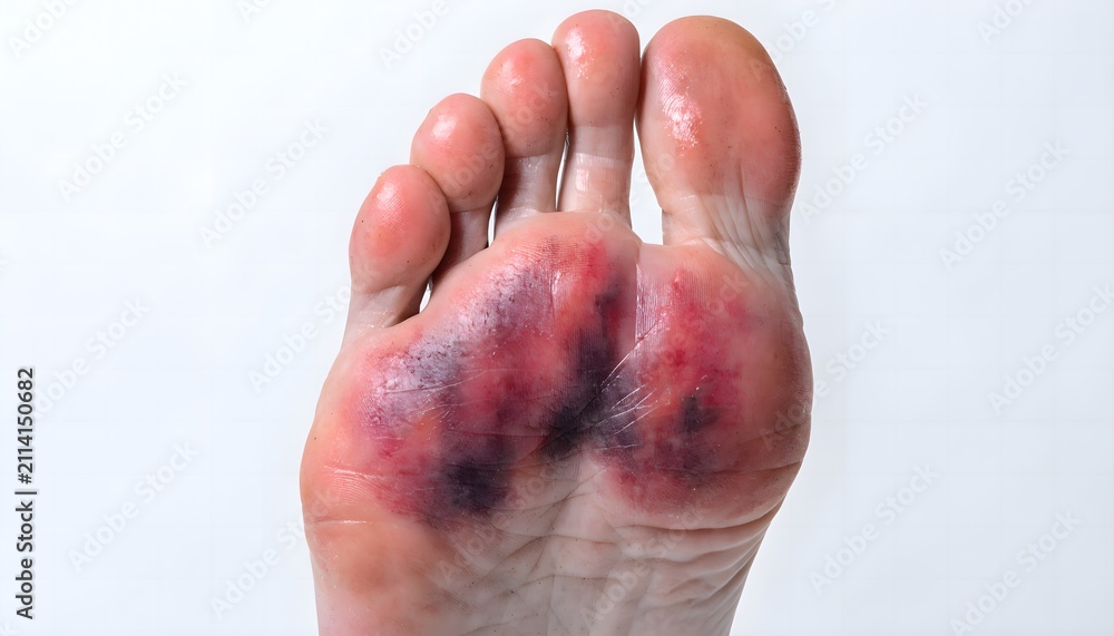 Fototapeta premium Medical reference photo of heel area bruising and plantar fascia tissue damage on sole of foot