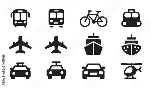 Konstfotografi Set of modern flat travel icons representing public transport modes like bus train airplane ship bike car and heli