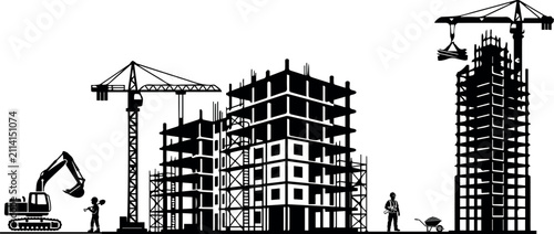 Construction Site Scene with Cranes Buildings and Workers