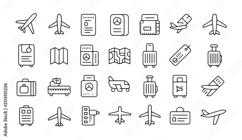 Fototapeta premium Linear travel and airport luggage icons set with various airplane models and passport document illustrations.