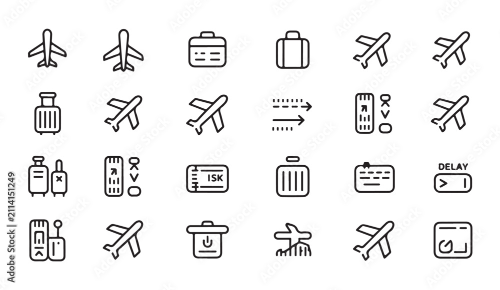 Fototapeta premium Set of plane, baggage, ticket, and airport icons on white background. travel symbol, vector flat design.