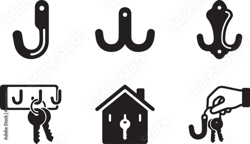 Фотография Black hook icons with keys and house door illustration Vector
