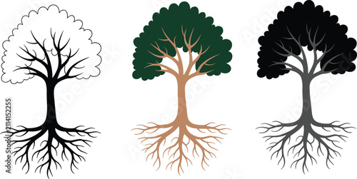 Obraz na płótnie Three stylized trees with visible roots in black white and green against a white