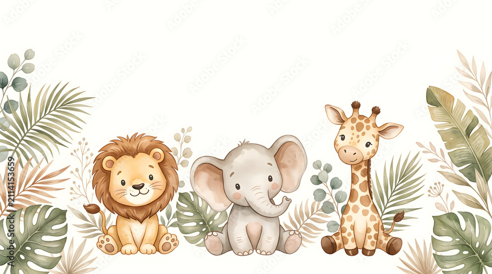 Naklejka premium Cute Nursery Safari Animals Banner Background Watercolor Vector Illustration