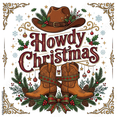 Howdy christmas country western theme with cowboy hat and boots