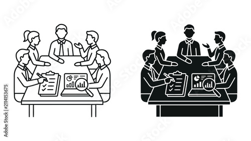 Business team collaborative meeting and strategic planning icons with business