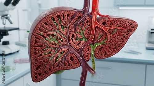 Human Liver Anatomy Detailed Medical Illustration Showing Blood Vessels and Cells