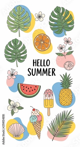 Sun-Kissed Delights: A vibrant, playful illustration bursting with tropical motifs, evoking pure summer joy.