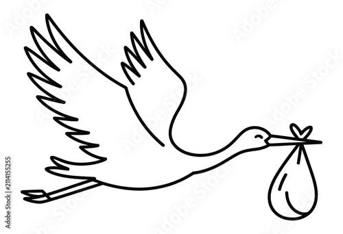 Stork, baby delivery bird icon with bag, minimalist one line art, newborn concept, isolated white background, vector illustration