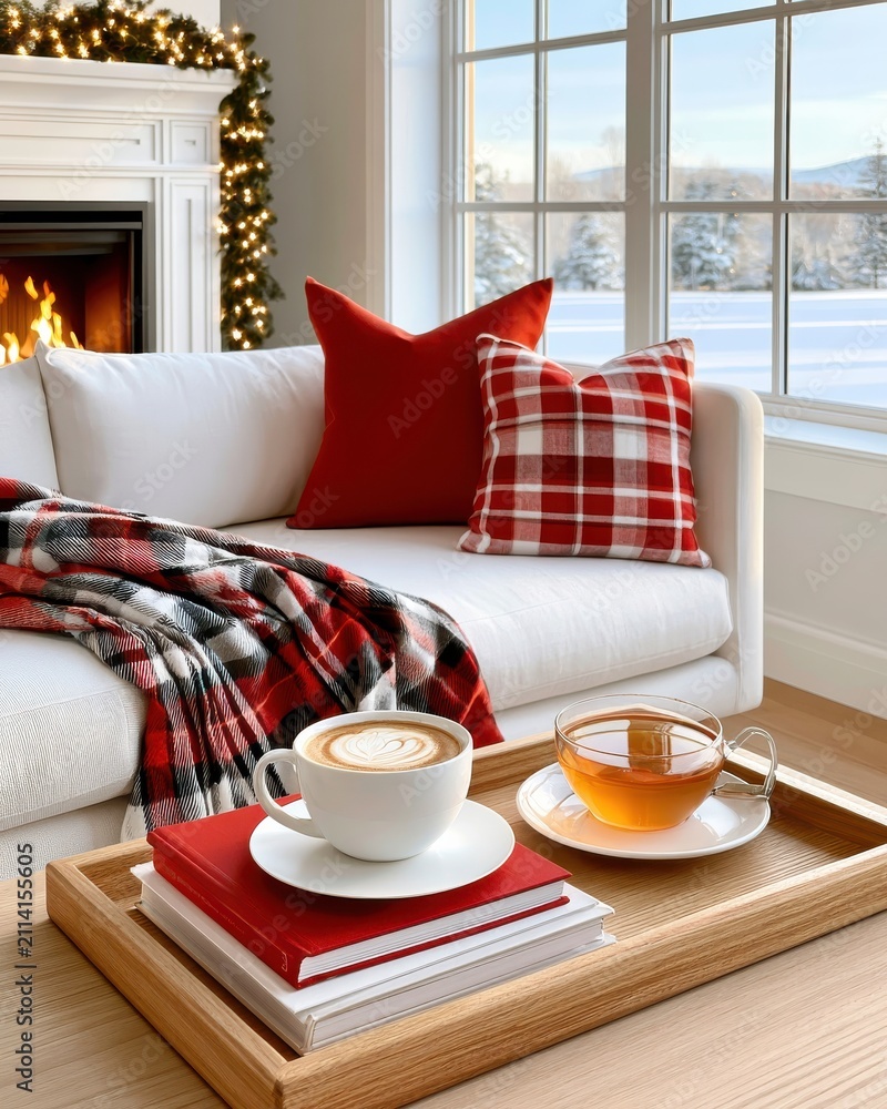Obraz premium Cozy Christmas reading nook with fireplace, string lights, coffee, tea, books, and plaid blanket near snowy window