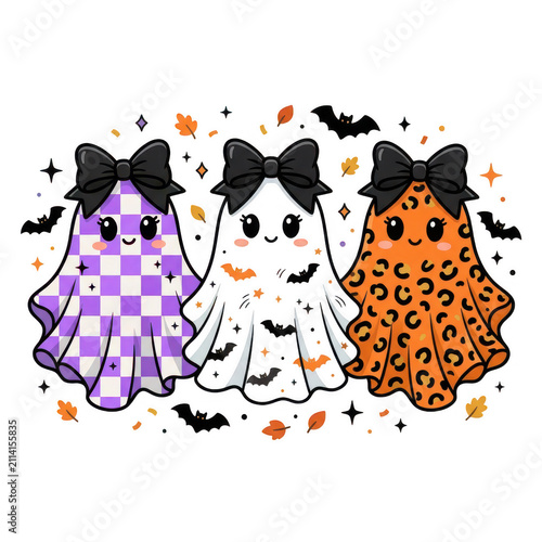 Three cute ghosts with black bows and autumn halloween elements