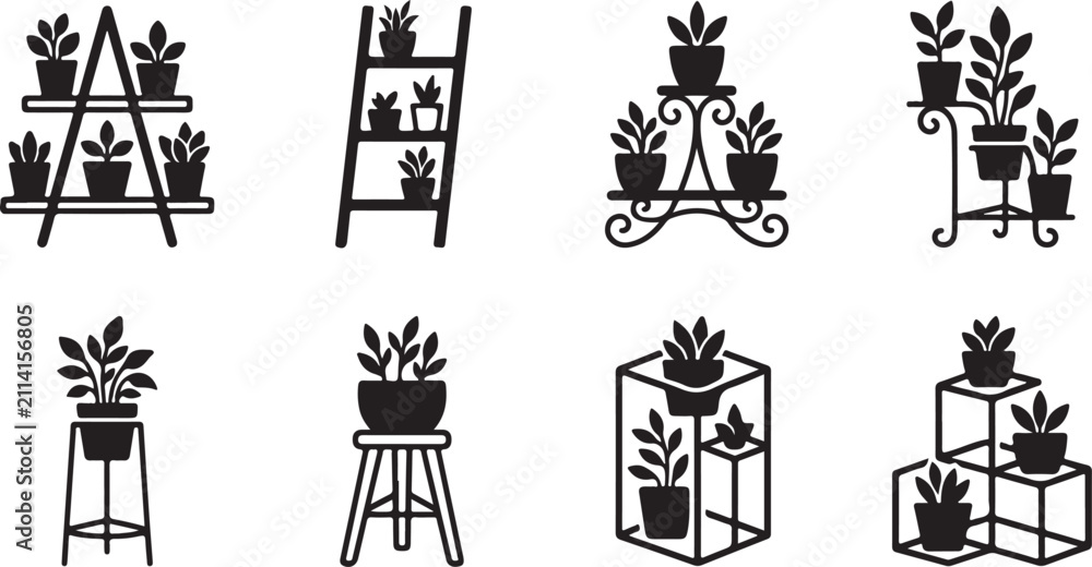 Fototapeta premium Eight creative plant stands and shelves with potted plants vector illustration Vector