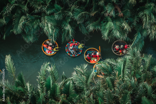Aerial view of the natural scenery of basket boats on the Thu Bon River in Hoi An Ancient Town, Vietnam