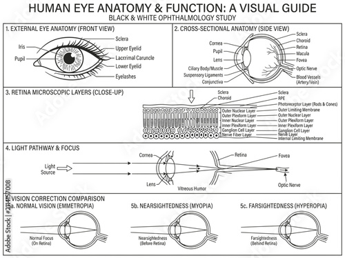 Comprehensive human eye anatomy and function visual guide with black and white medical charts.