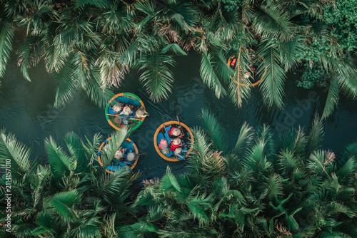 Aerial view of the natural scenery of basket boats on the Thu Bon River in Hoi An Ancient Town, Vietnam