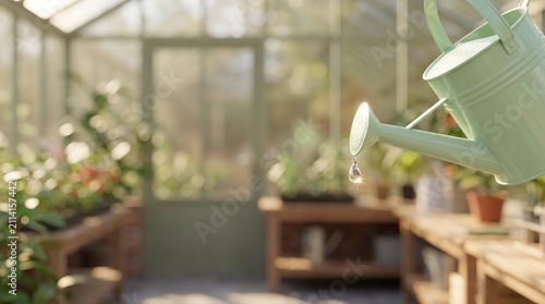 3D Pastel Green Watering Can Blurred Sunny Greenhouse